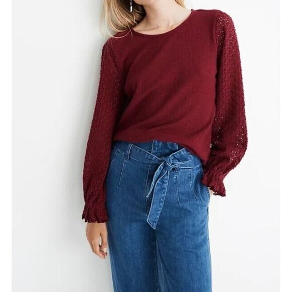 Madewell Top Womens Small Eyelet Sleeve Scoop Neck Dark Red Cotton Stretch Boho - Picture 1 of 9